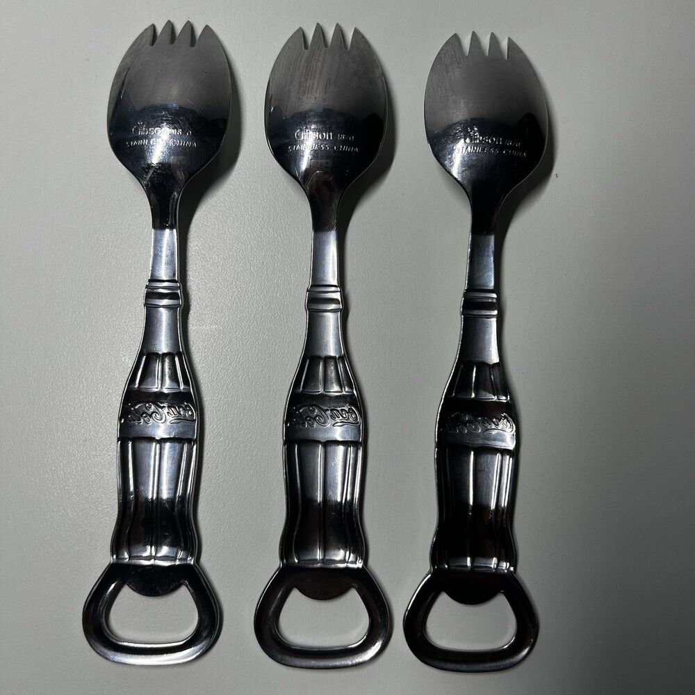 Lot of 3 Vtg Gibson Coca Cola Stainless Steel Spork Bottle Opener Spoonik 7" - Picture 4 of 7